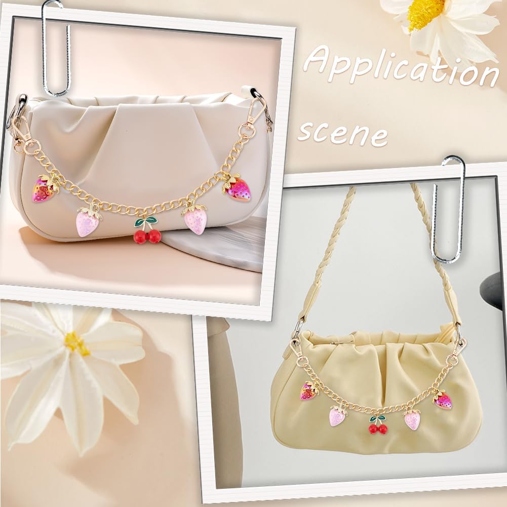 Beebeecraft Strawberry Decorative Bag Chain 12 Inch Alloy Short Gold Purse Extender Chain Red Enamel 3D Strawberry Cherry Pendant Bag Handle with Swivel Clasps for Handbag Clutch Tote Wallet Extension - Image 6