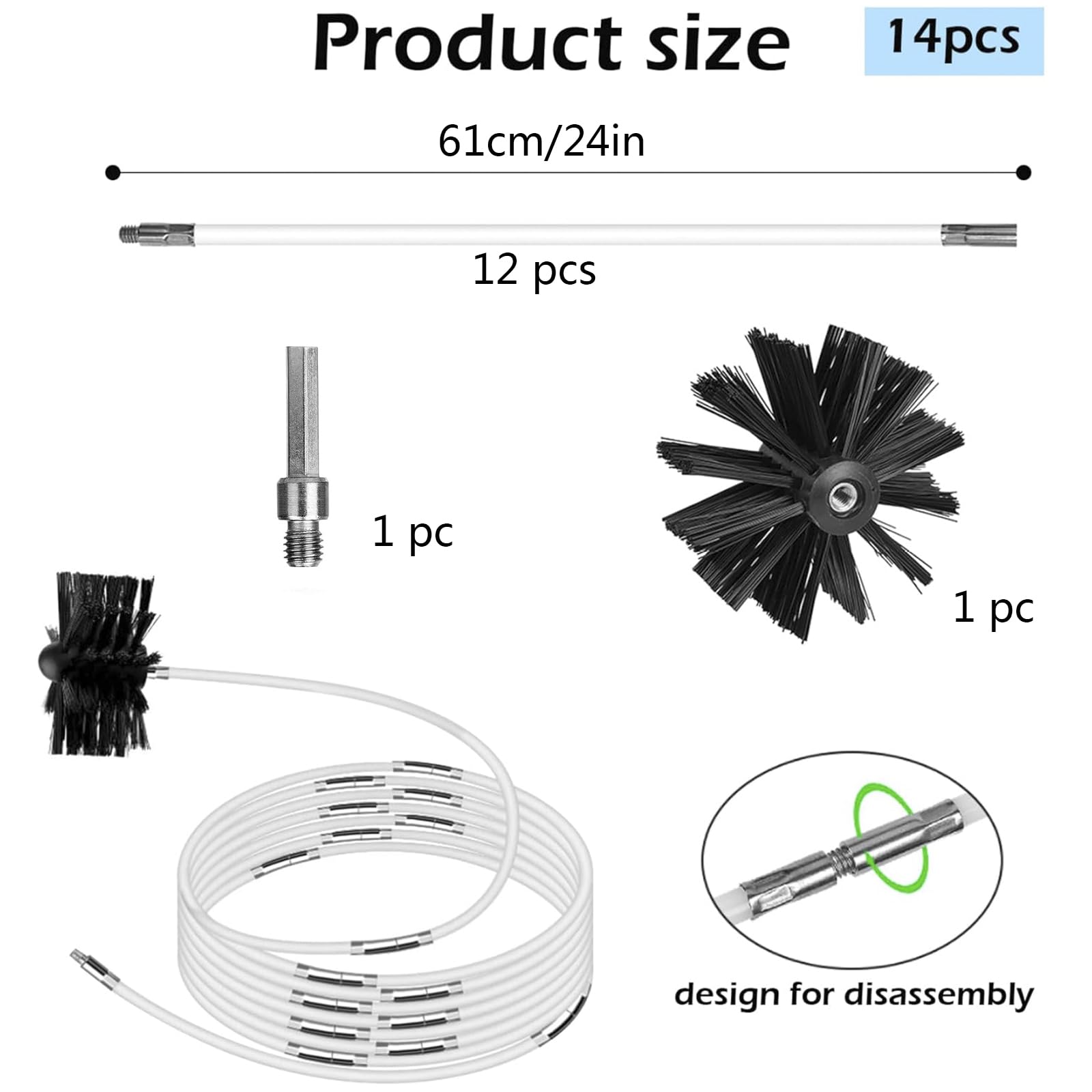 Kit Spazzacamino da 7.3M, Spazzola Pulizia Camino con 12 Aste Flessibili, Una Testina in Nylon e 1 Pennello a Mano, Kit di Pennello per Pulizia per Camino, Asciugatrice, Sfiato
