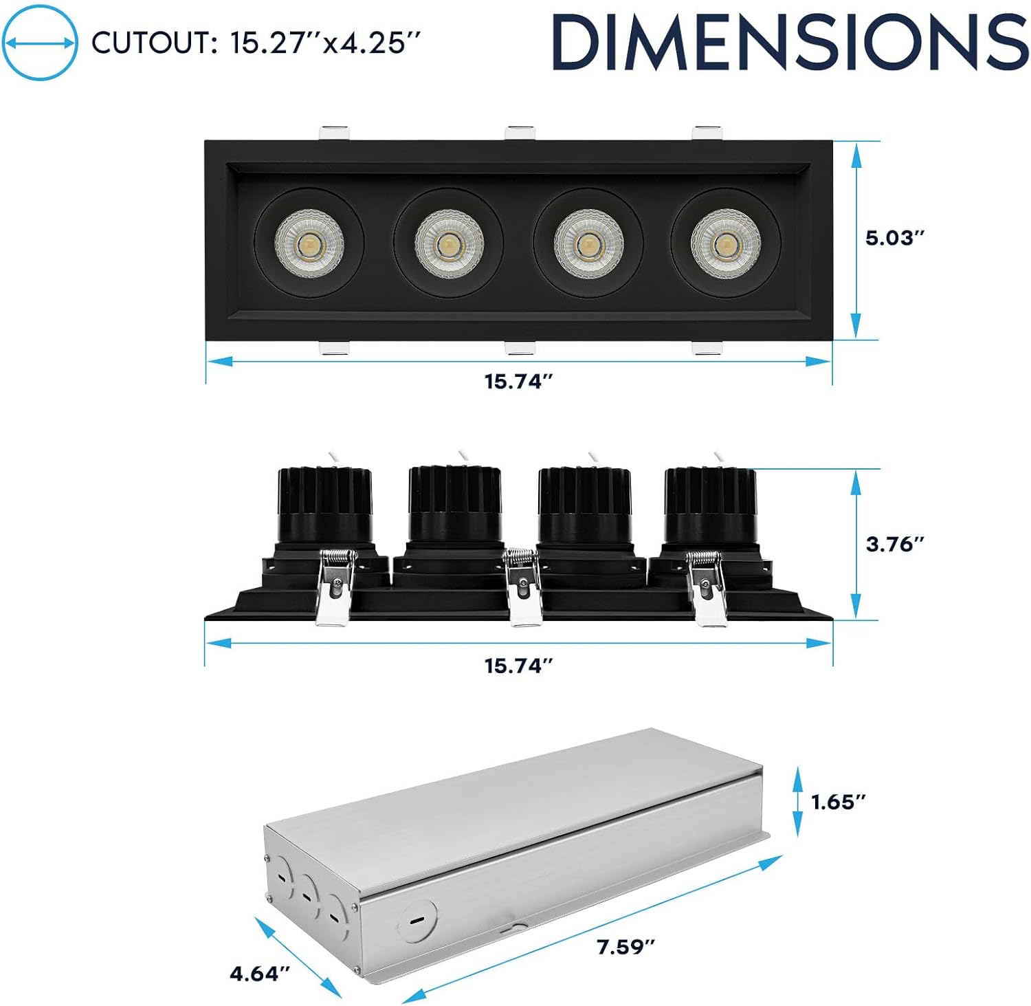 LUXRITE 4-Head Regressed Gimbal LED Recessed Spotlight, 360°+15° Adjustable, 5CCT 2700K-5000K, CRI90, 60W, 4000 Lumens, 60° Beam Angle, Rectangular Black Finish, Dual Dimmable, IC & Wet Rated (4 Pack)