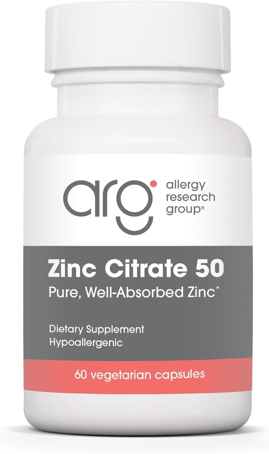 Allergy Research Group Zinc Citrate Supplement - Zinc for Men & Women, Immune Support, Pure, Well-Absorbed, Well-Tolerated, Trace Mineral, 50mg Vegetarian Capsules - 60 Count