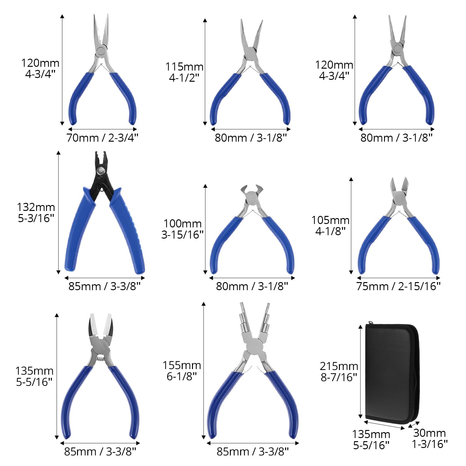 QWORK Lot de 8 pinces pour fabrication de bijoux avec sac de rangement, pour travaux manuels, réparation et projets de bricolage