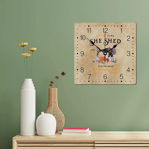 Miniatura 6 de Reloj de PVC con texto en inglés "Welcome to My She Shed", reloj de pared grande para máquina de coser, flor naranja de 10 pulgadas, cuadrados,