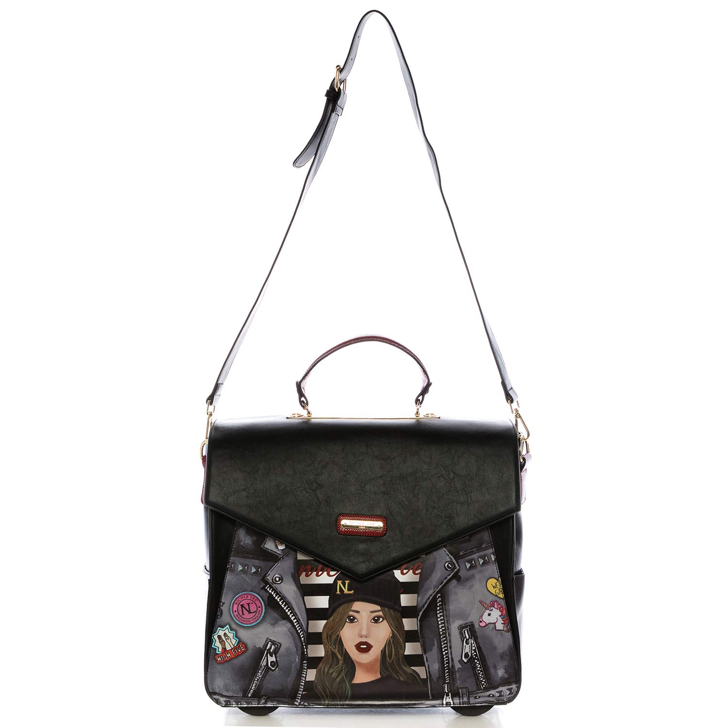 NICOLE LEE USA Women's Rolling Black Messenger Bag 4 Spinner Wheels & Electronic Compartment Travel Tote Paola Goes Tomboy One Size