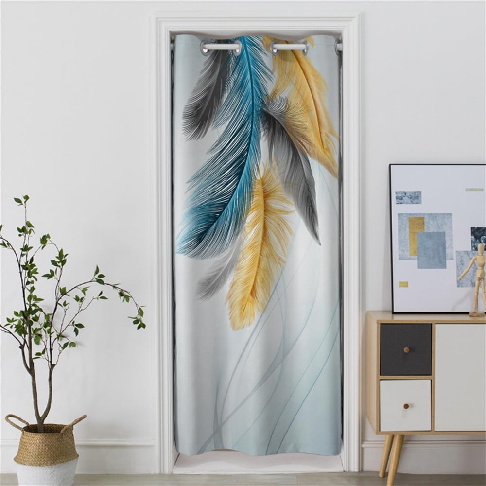 Odot Rideau de Porte à Oeillets Interieur, Rideau Occultant avec Imprimé Nordique Moderne, Moderne Rideau de Séparation de Piece pour Entrée, Salon et Chambre - 1 Panneau (200x180cm,Plume 2)