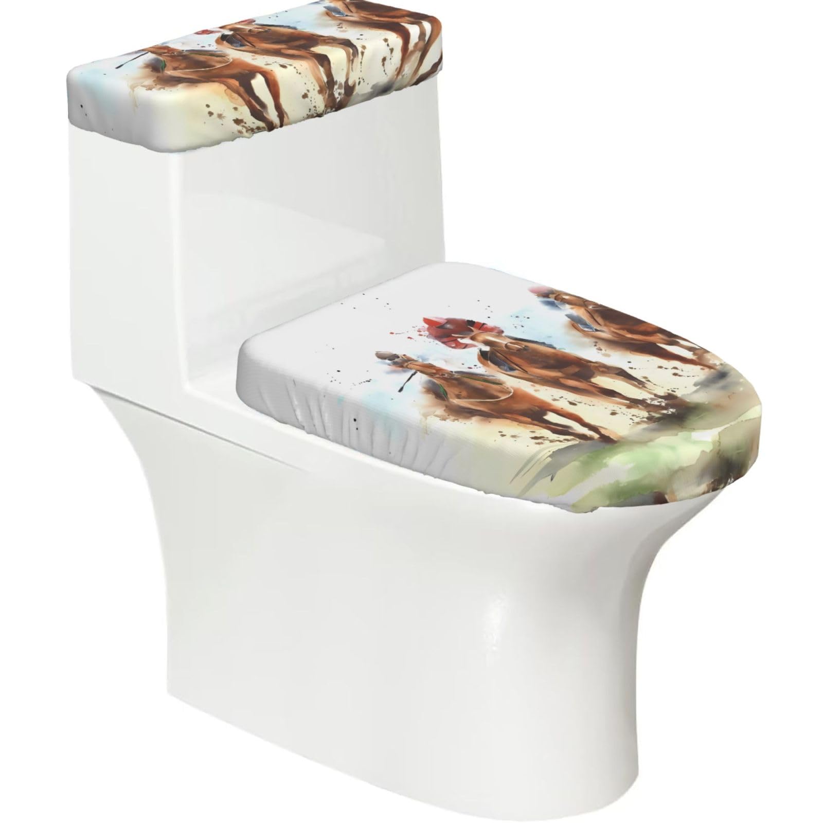 Horse Race Riding Sport 2-Piece Toilet Seat Cover Set with Tank Lid - Elastic for U-Shape & Elongated - Bathroom Decor