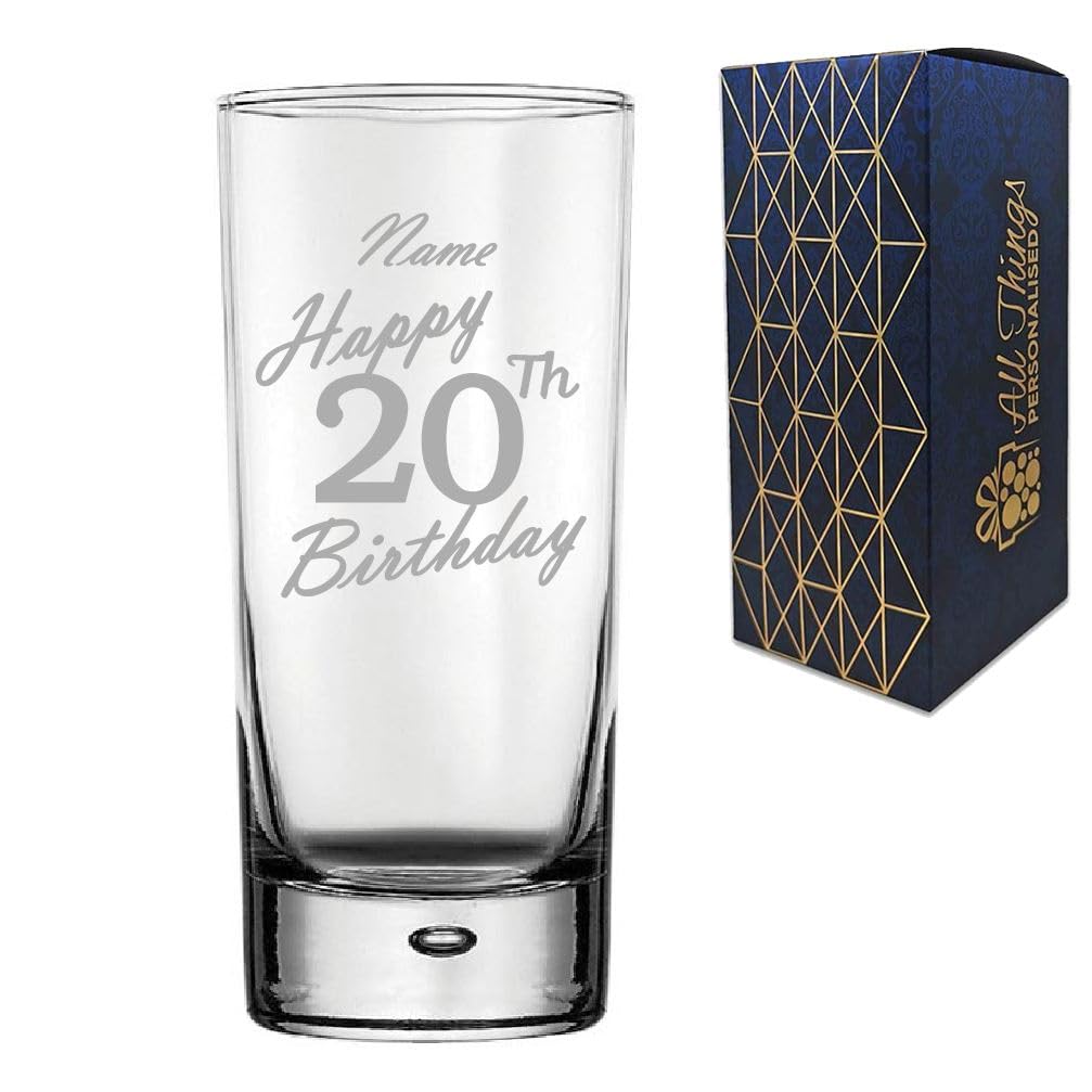 Personalised Engraved Vodka Hiball Glass, Happy 20th Birthday Handwritten Design, Rum Glass, 13oz or 365ml Capacity, Customise with Any Name, Gift Boxed