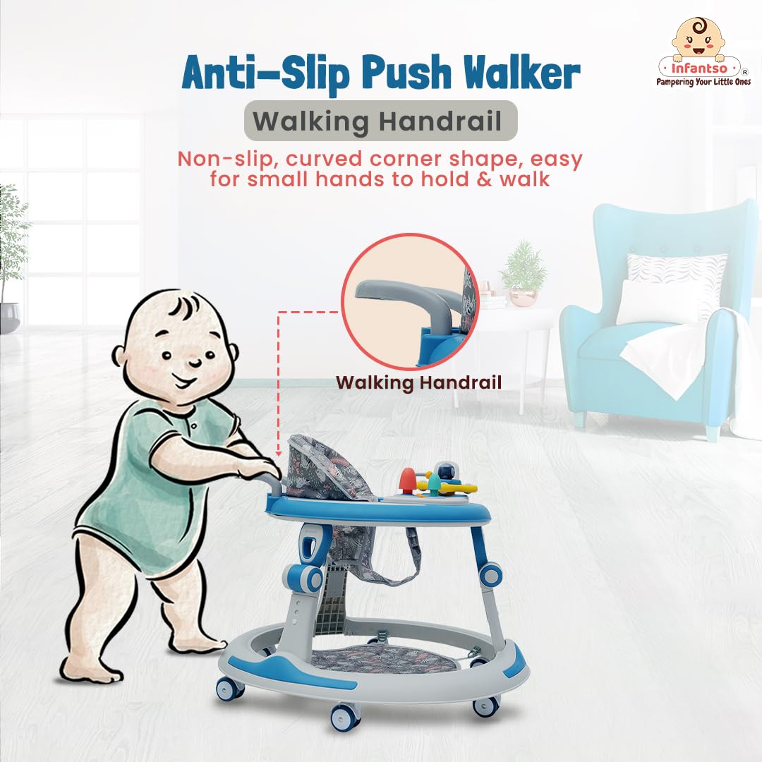 Infantso Sky high 4-in-1 Multifunctional Premium Baby Walker with 3 Level Height and Cushion seat Adjustment - Walker, Bouncer, Feeding Table and Parental Push bar, 6 to 24 Months - 15kgs - 03Blue - Image 4 thumbnail