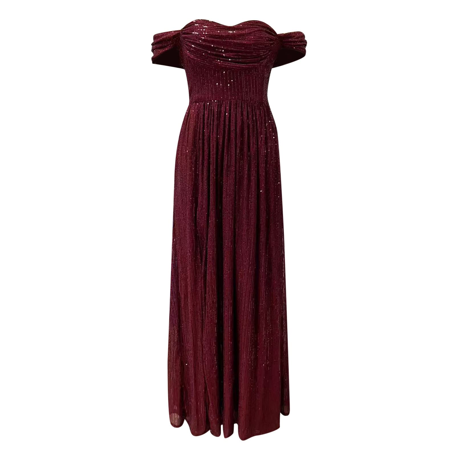Maxi abito da donna con spalle scoperte, elegante, formale, per feste, da sera, da cocktail, elegante, sexy, tinta unita, con brillantini