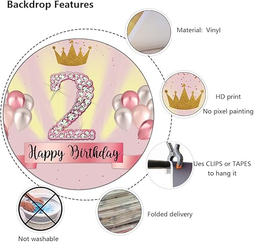 Miniatura 4 de Decoración de feliz segundo cumpleaños de 7 x 5 pies para fiesta de niña, telón de fondo de fotografía para fiesta de cumpleaños de 2 años de edad,