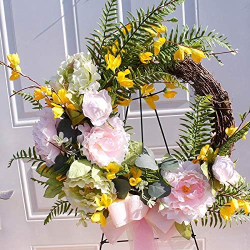 Miniatura 4 de Corona artificial de flores colgantes de peonía artificial de primavera con hojas falsas, corona colgante de pared, ventana, decoración de fiesta