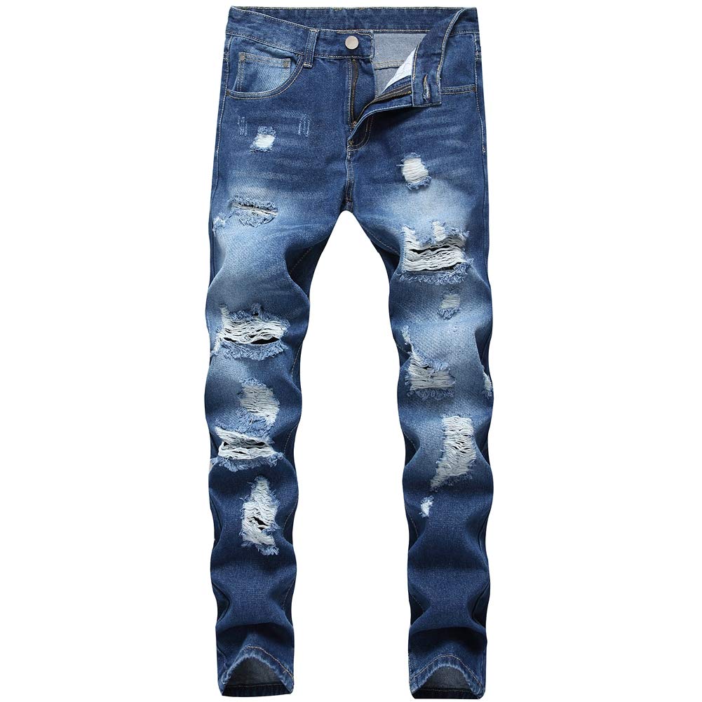 LZLER Mens Ripped Jeans,Distressed Destroyed Slim Fit Straight Leg Denim Pant with Holes - Blue - 38
