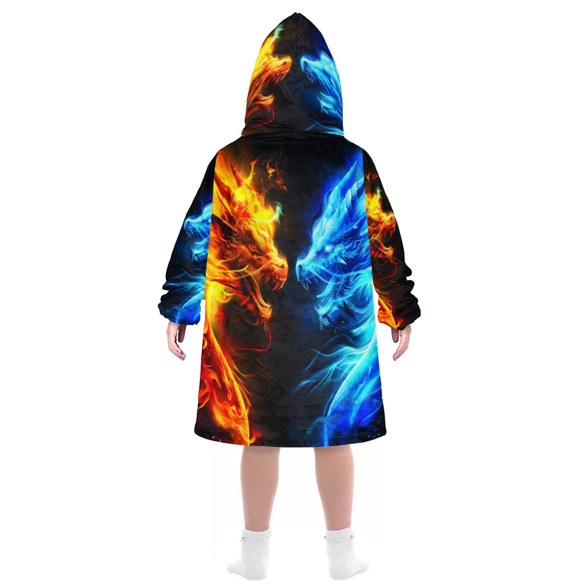 Wearable Blanket Hoodie for Kids, Fire Dragons Fleece Sweatshirt Blanket Oversized Blanket Sweatshirt with Pocket Flannel Warm Hooded Blanket 6-10 Year Old Girl Boy Gift, One Size