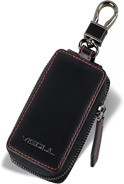 VISOUL Leather Car Key Fob Case Holder for Men and Women, Zipper Keychain Protector Cover with Metal Hook for House Keys