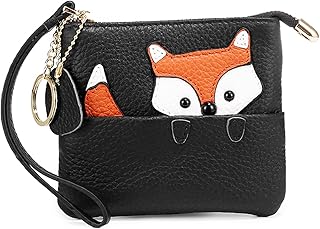Genuine Leather Coin Purse Pouch Change Wallet for Women,Fox Pattern Leather Coin Purse Keychain Change Pouch Wallet With Wrist Strap, Black, Coin Purse for Women
