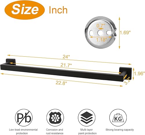 Miniatura 2 de TocTen Toallero de baño  Base cuadrada gruesa SUS304 barra de toalla de acero inoxidable para baño, accesorios de baño, toallero resistente montado