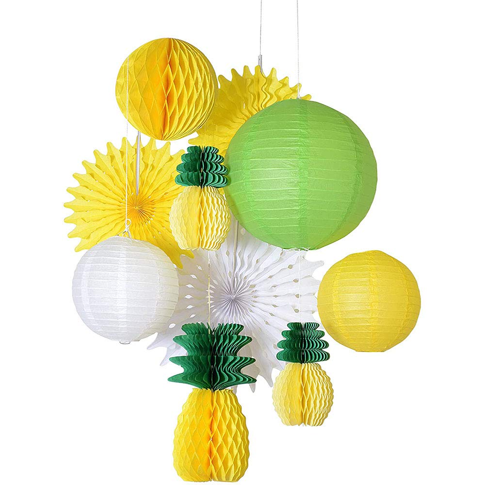 ANCLLO Summer Party Honeycomb Pineapple Ball Sets Tropical Hawaiian Party Festival Paper Lantern Paper Fan Decoration