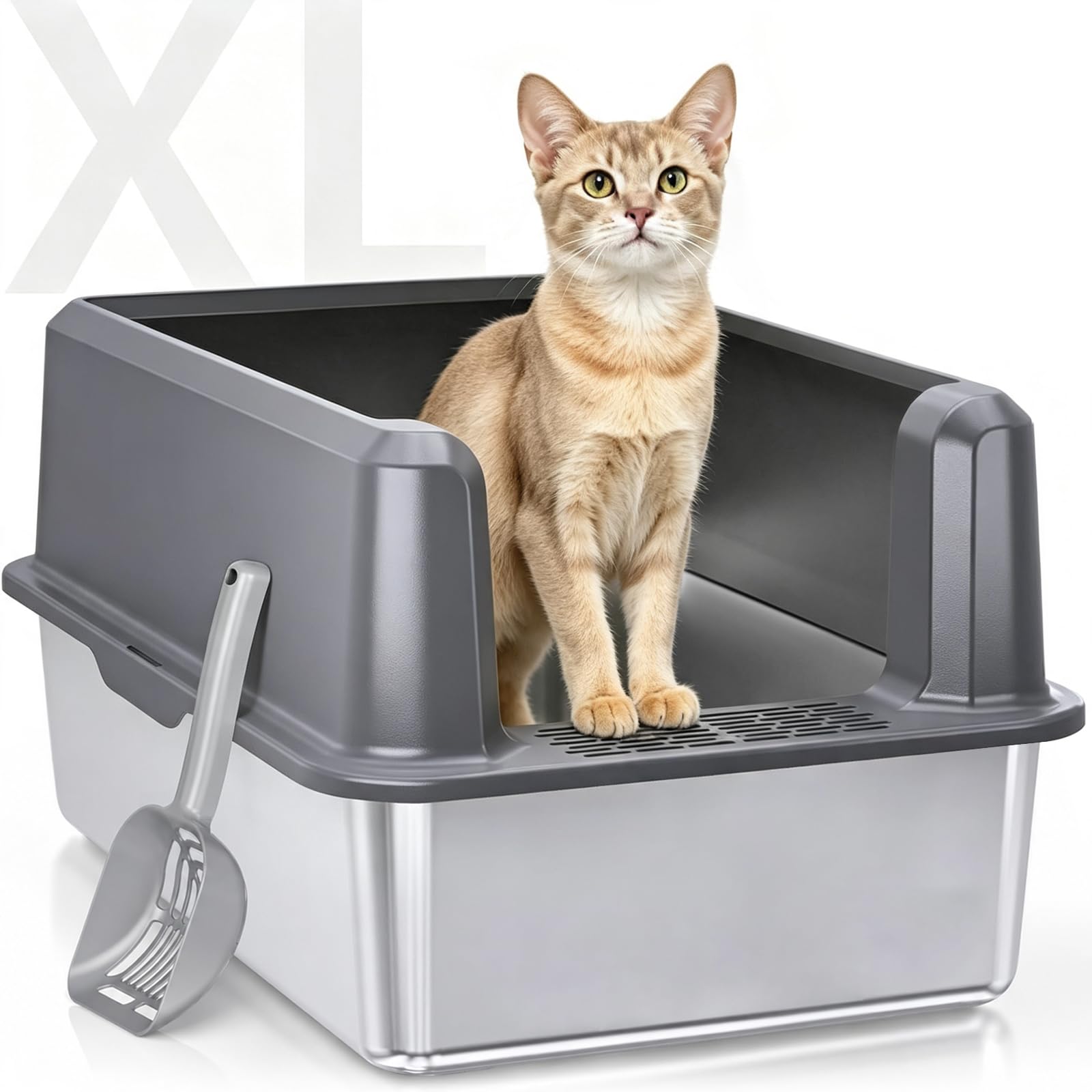 Photo 1 of Stainless Steel Litter Box, Open Top High Sided Cat Litter Box for Big Cat