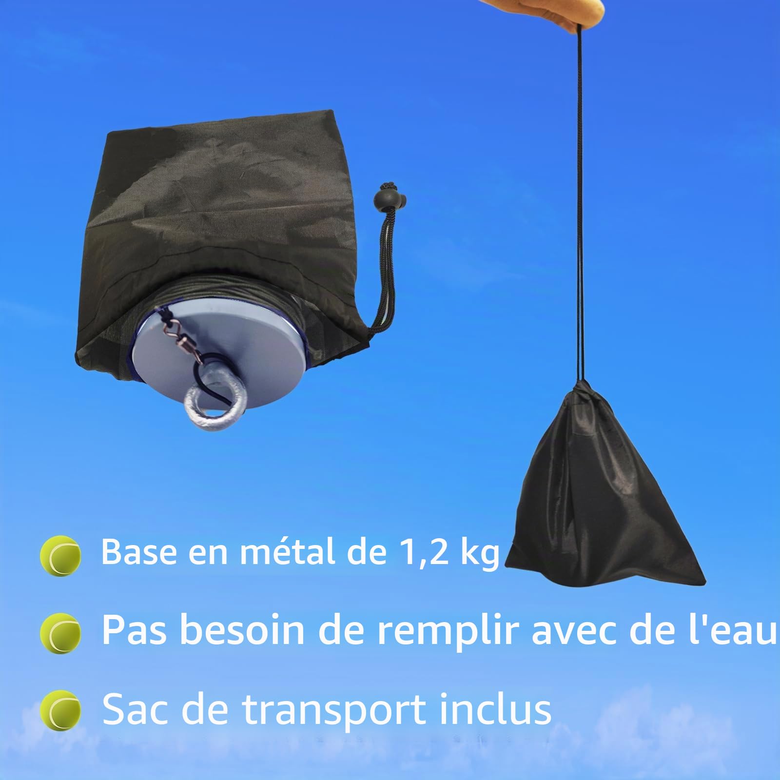 Kit d'entraînement de tennis avec balles de tennis de qualité supérieure et pied en métal de 1,2 kg - Jeu de balle innovant et appareil d'entraînement de tennis pour l'extérieur, le jardin, le