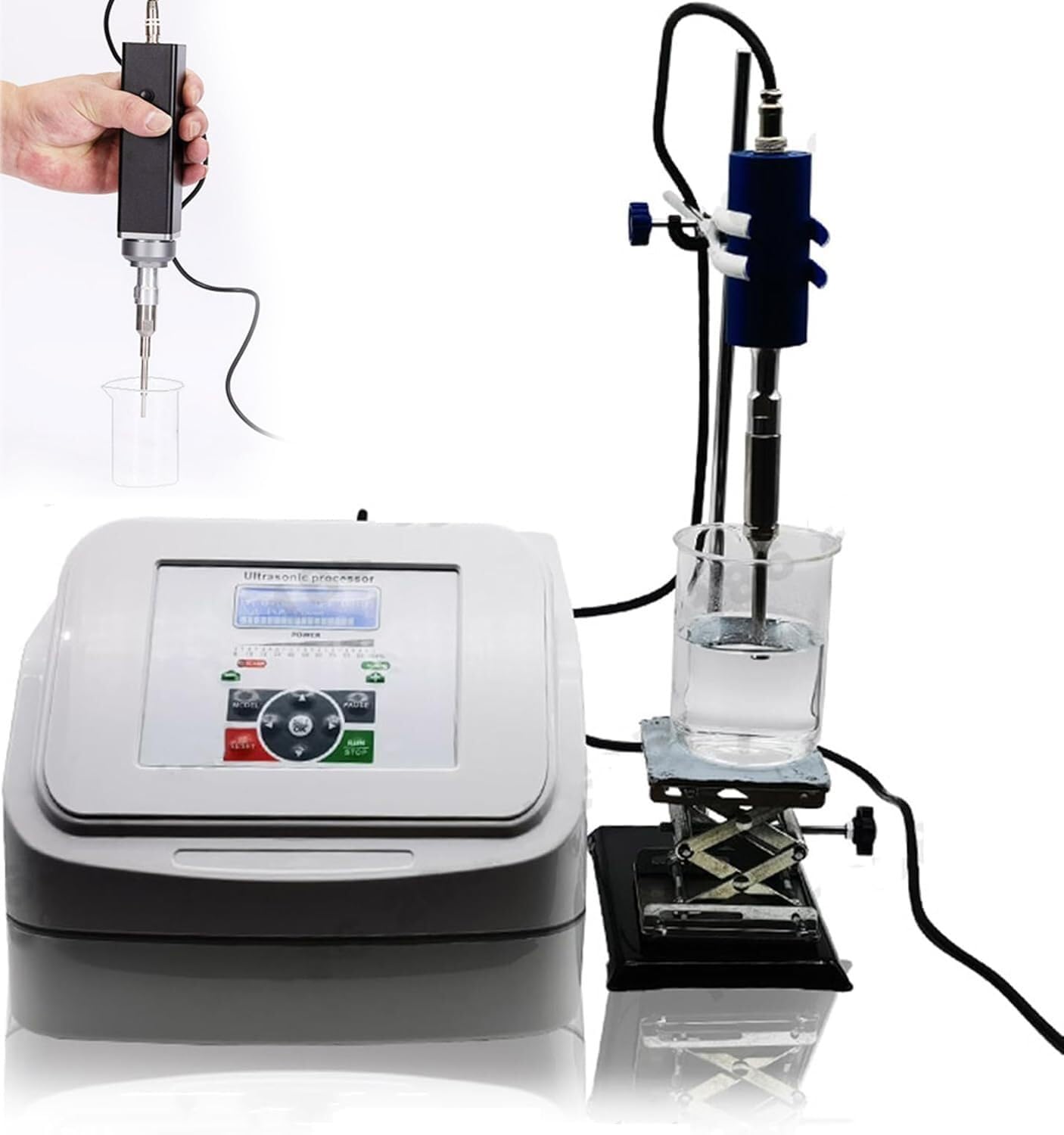 Homogeneizador ultrasónico con temporizador y almacenamiento de datos para procesamiento de laboratorio, apto para uso en soporte o de mano
