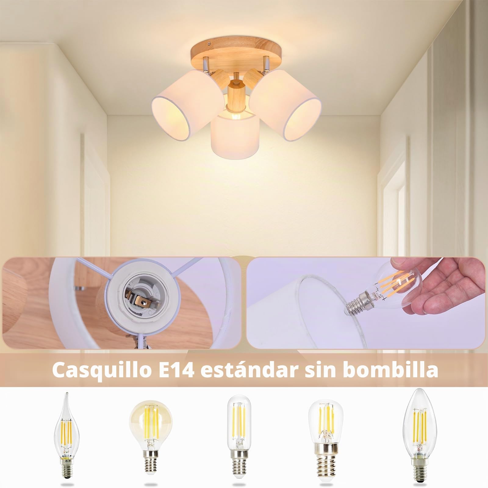 Glitzerlife Lámpara de techo Madera 3 Focos de Techo Redondo E14 Retro | Giratorios Interior Iluminación Foco de Pared con Pantalla de Luz para Dormitorio Salón Cocina Pasillo (Sin Bombilla)