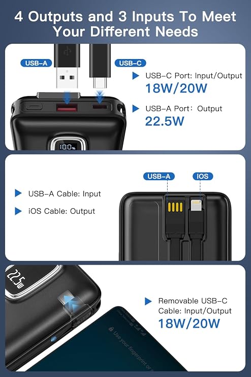 Portable Charger Power Bank - 45800mAh Fast Charging Portable Phone Charger with Built in Cables,External Battery Pack USB C Out/Input,Perfect for Camping/Hiking/Outdoor