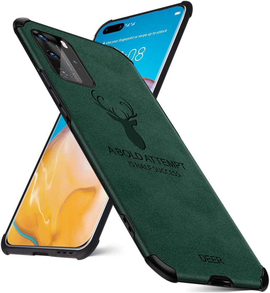 EUDTH Huawei P40 Pro Case, Ultra-thin Matte Leather Back Case [Air Cushion] Silicone Soft Edge Shockproof Full Body Protective Cover Case for Huawei P40 Pro 6.58" - Green Deer