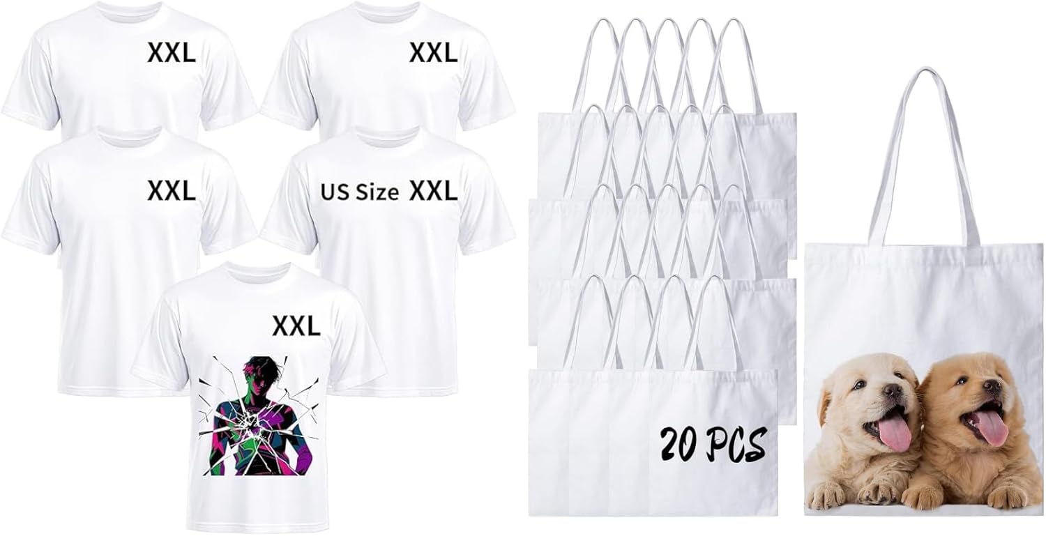 Joyclub Bundle of 5 Pack Sublimation Blanks Bulk Wholesale White Polyester T Shirts and 20 Pack Canvas Tote Bags