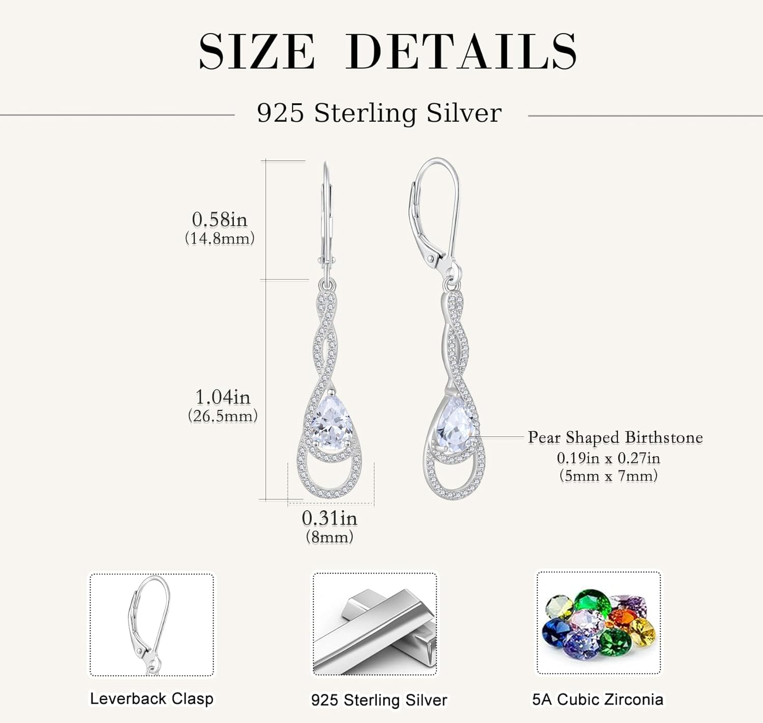 Women 925 Sterling Silver 5A Cubic Zirconia Birthstone Infinity Dangle Drop Earrings Leverback Earrings Anniversary Mother's Day Birthday Christmas for Her