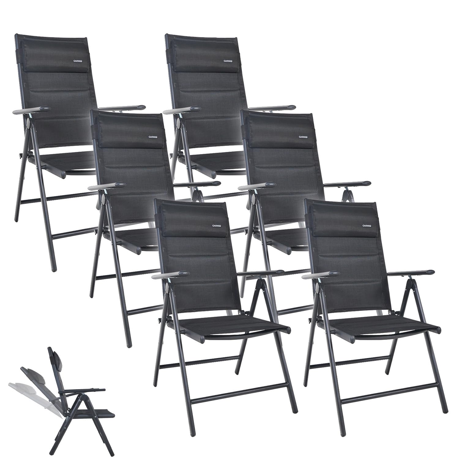 GARMIO® Gartenstuhl Florenz Schwarz, 7-Fach verstellbar, klappbar, inkl. höhenverstellbares Nackenkissen, für Terrasse oder Garten, 6er Set