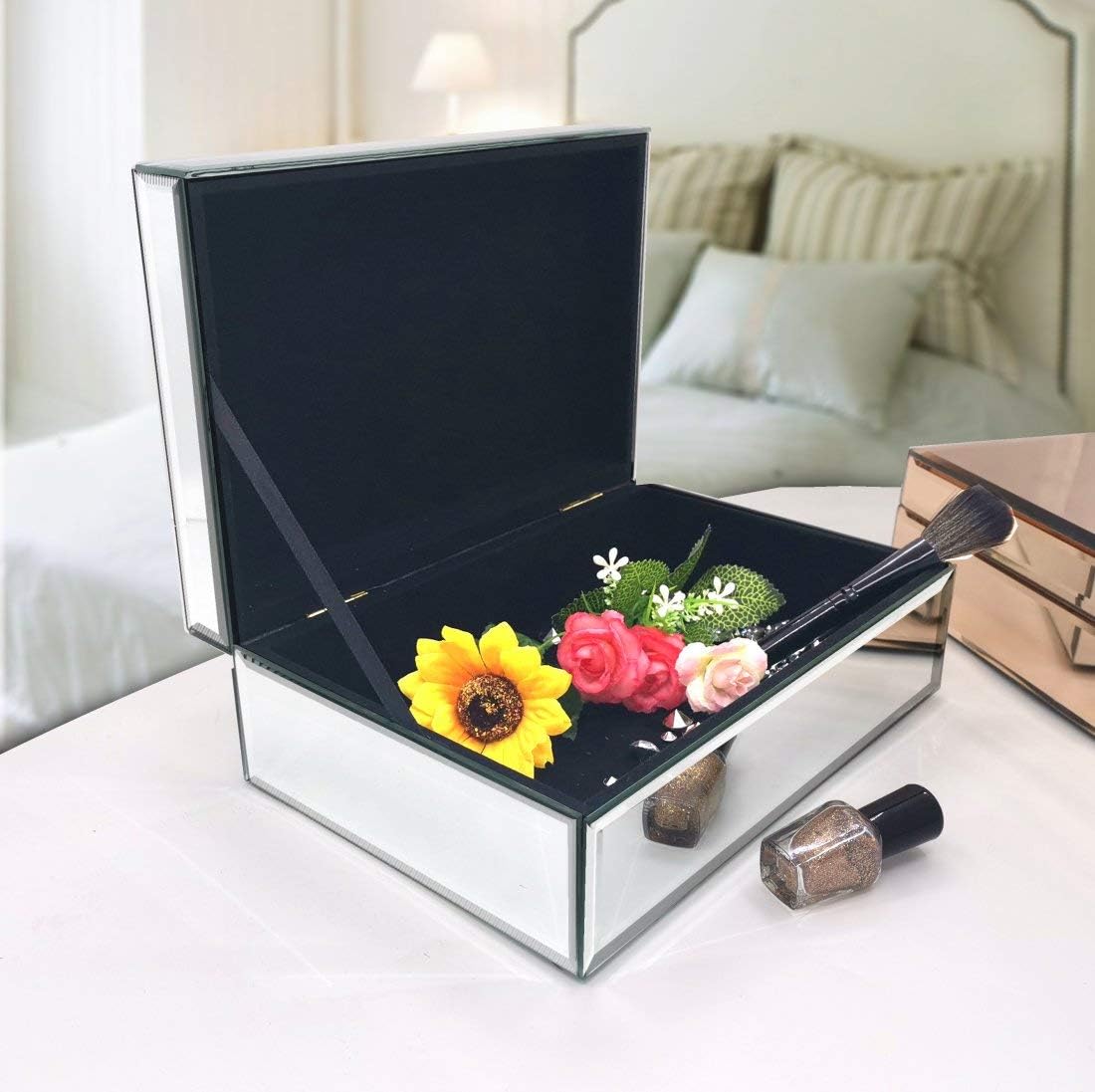 QMDECOR Silver Glass Mirrored Jewelry Box Beautiful Finish Storage Sturdy Organizer High-end Jewelry Organizer Luxury Big Vanity Mirror Box Keepsake Box Attractive Substantial Well Made Jewelry Box