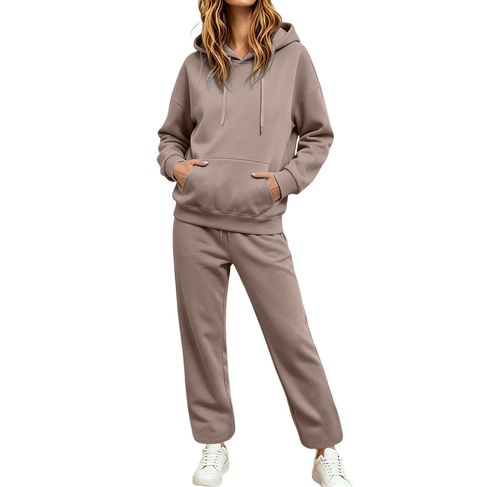 Tuta sportiva da donna, 2 pezzi, felpa con cappuccio e gamba dritta, per il tempo libero, comoda tuta da fitness, casual, a maniche lunghe