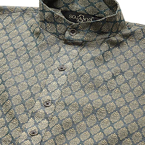 Image of Sojanya (Since 1958 Men'S Cotton Linen Blue Foil Printed Only Long Kurta