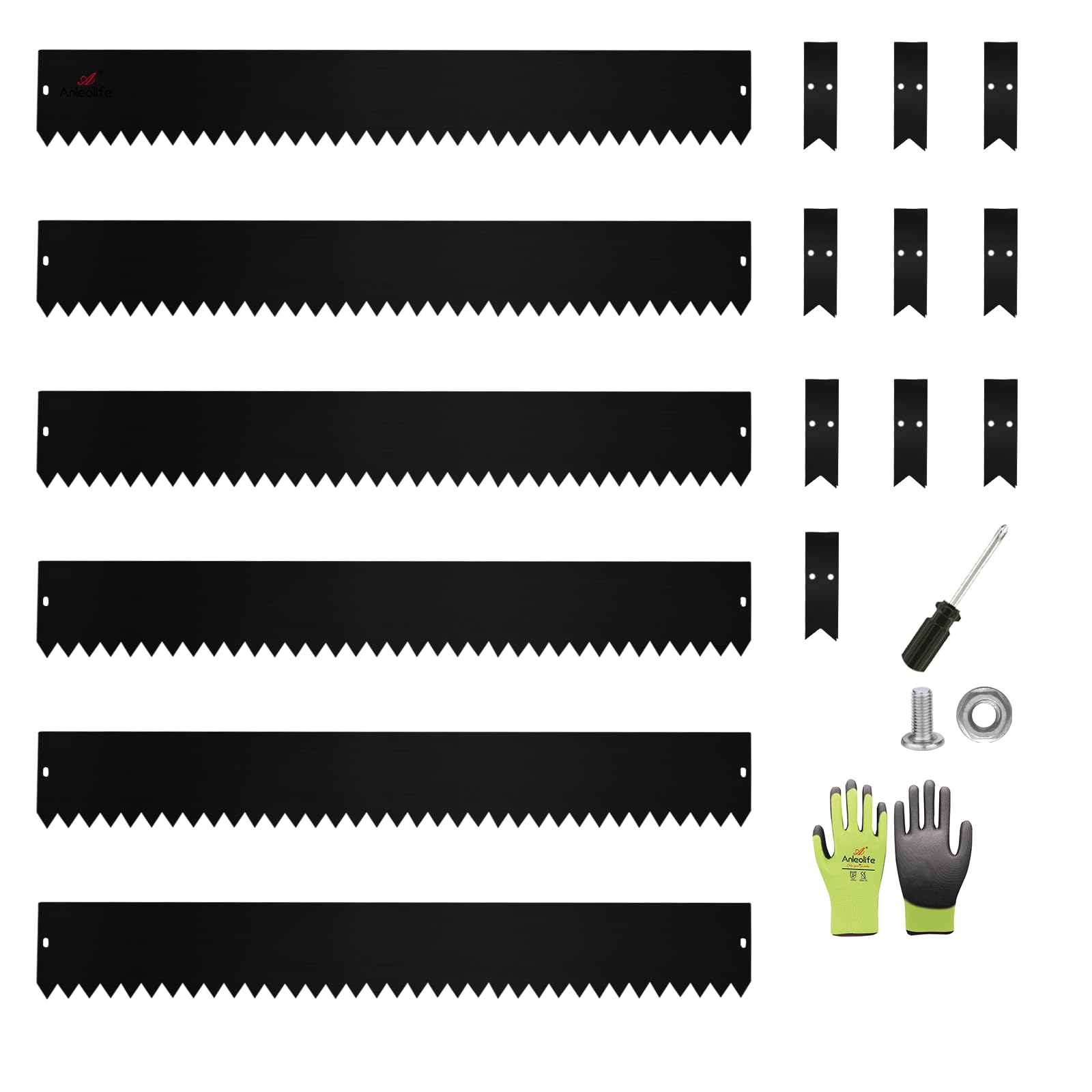 A ANLEOLIFE 6 Pack 40" LX 6" H Galvanized Steel Garden Landscape Edging, Hammer-in Metal Black Powder Coated Bendable Lawn Border with Gloves and 10 Stakes (20FT Total) (6 inch Tall, Black)