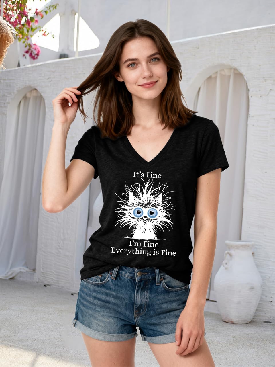 Womens I'm Fine Everything is Fine V Neck T-Shirts Short Sleeve Funny Shirt Casual Cute Cat Graphic Tee Tops - Image 2