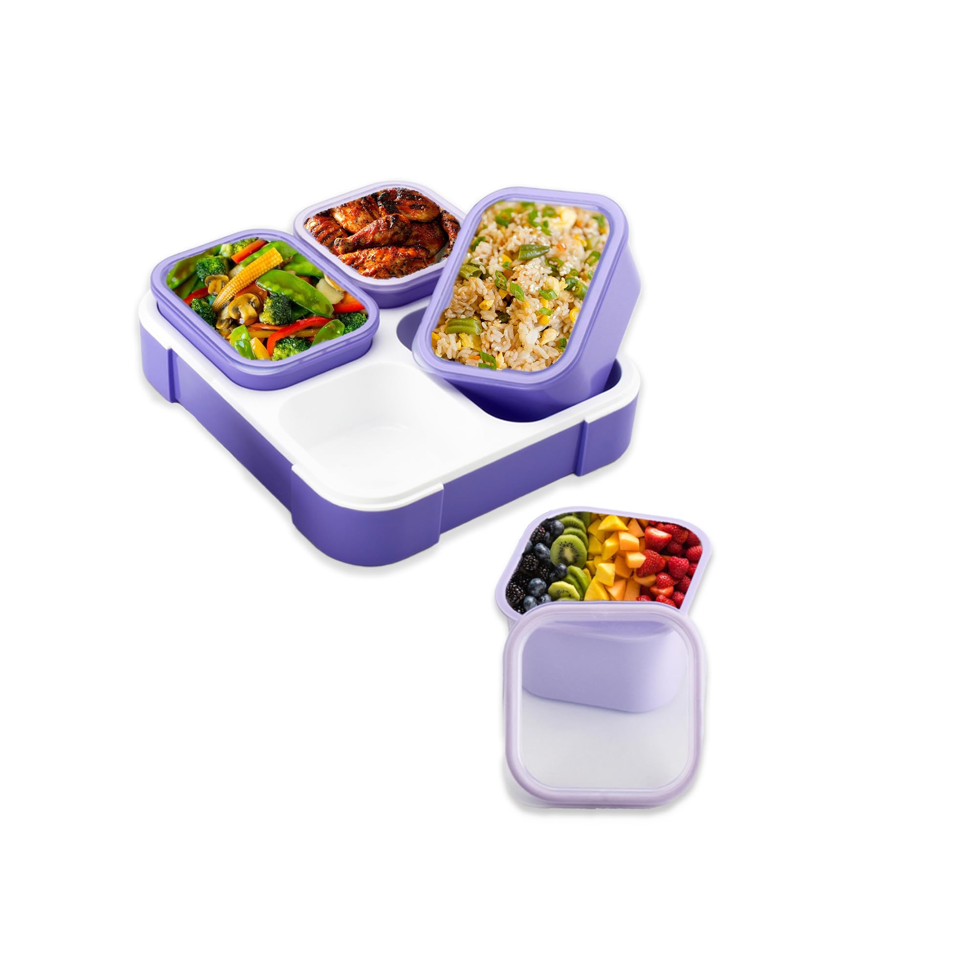 NIXUIO Bento Lunch Box Plastic [4 Removable Compartments] For Adults, Kids - Safe Microwave|Dishwasher|Freezer - BPA Free, Leakproof, Snack Box for School, Work [Purple, 1060 ML]