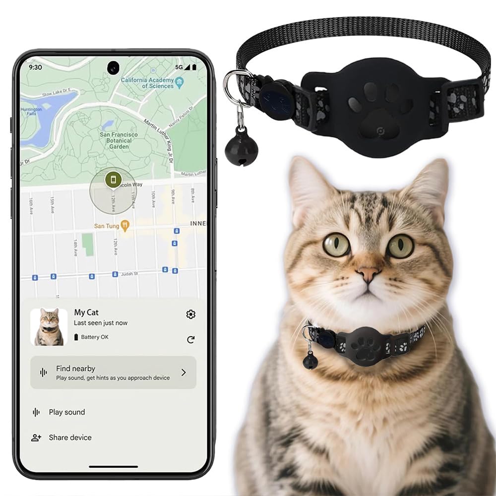 Collar GPS Gatos, GPS para Gatos sin Cuota Mensual, No Requiere SIM (Solo Android), Collar Localizador Compatible con goo- gle Find My (Collar + rastreador Negra) - 2