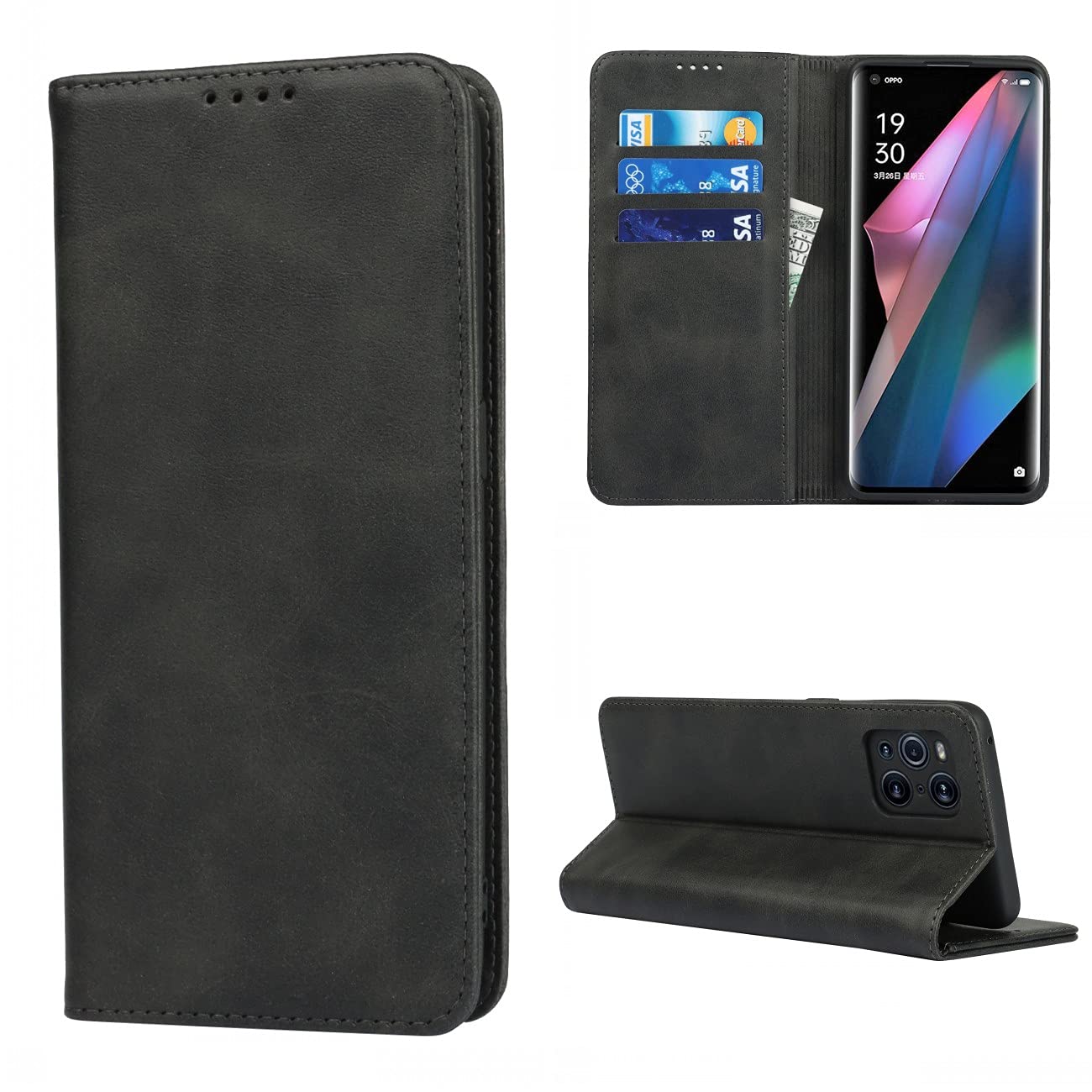 Copmob OPPO Find X2 Pro Case,Premium Flip Leather Wallet Case,[3 Card Slots][Stand Holder][Magnetic Closure],Protective Cover Case for OPPO Find X2 Pro - Black