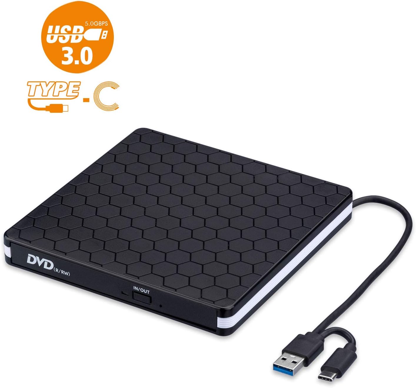 Rioddas External CD Drive Type C USB 3.0 Portable CD DVD +/-RW Drive Slim DVD/CD ROM Rewriter Burner Writer Compatible with Laptop Desktop PC Windows Linux OS Apple Mac (Soccer-typc)