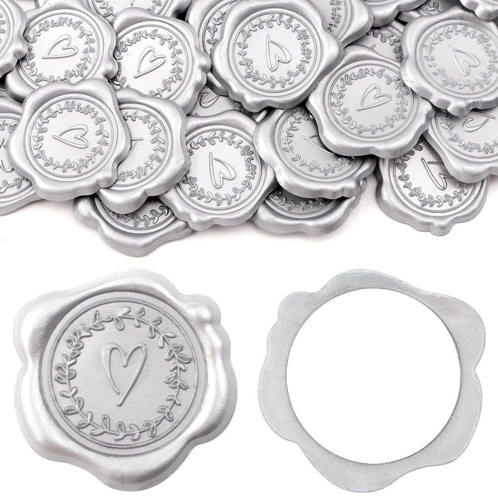 50Pcs Embossed Wax Seal Stickers,Silver Heart with Olive Branch Self Adhesive Envelope Seal Stickers,Great for Gift Wrapping,Wedding Invitation,Greeting Card,Christmas