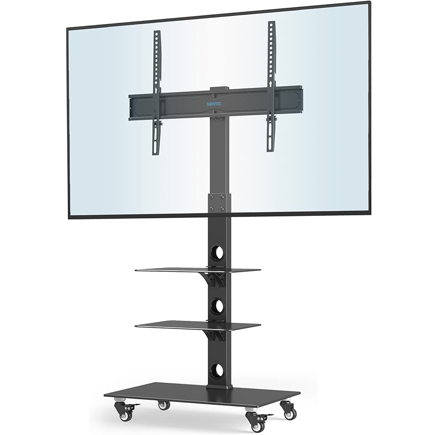 BONTEC Supporto TV da Pavimento per TV da 30-70 Pollici, Altezza Regolabile, VESA fino a 600x400mm, Ripiani in Vetro Temperato, Carrello con Ruote, Capacità Max 40kg, di 3 ripiani
