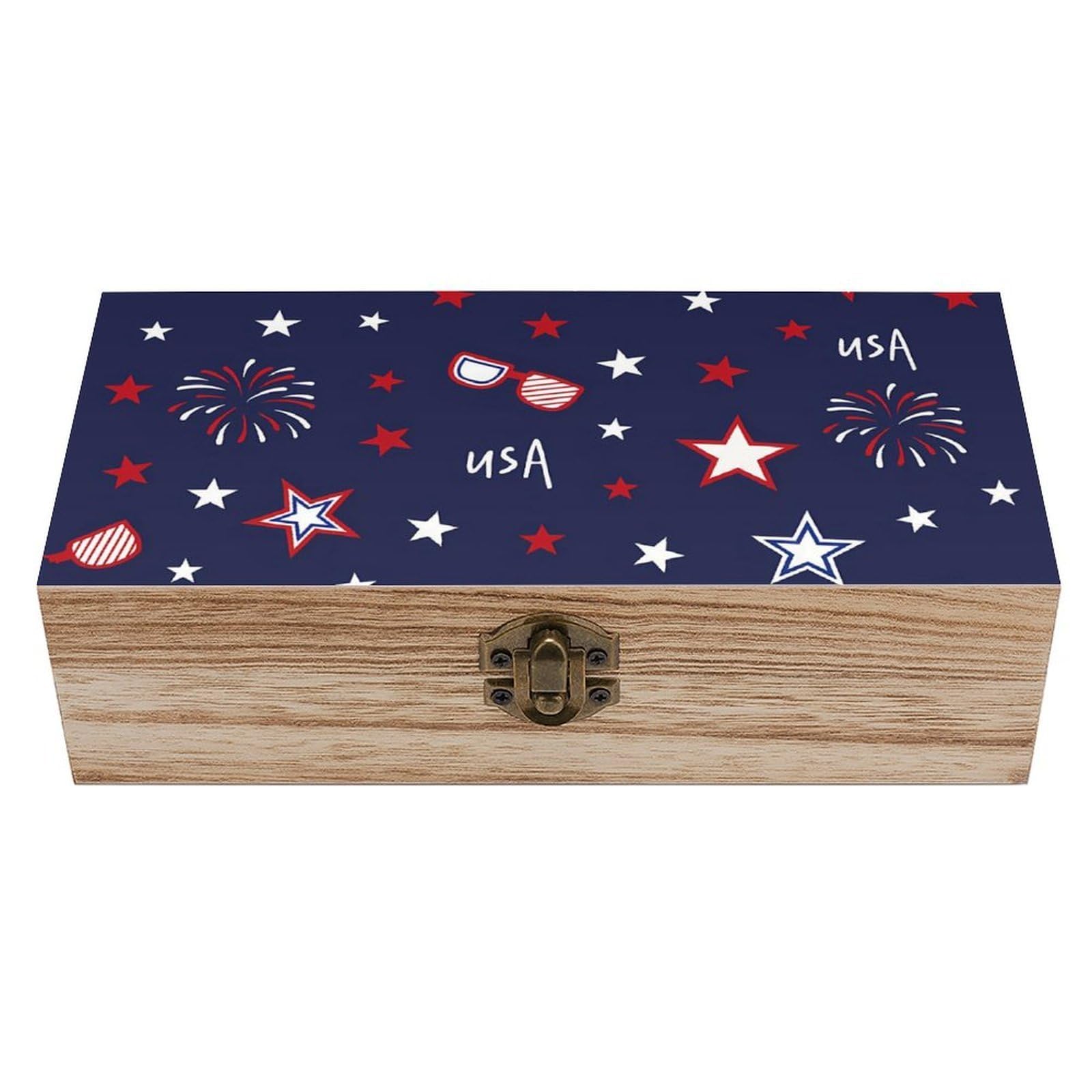 HLBSDM Patriotic Stars Fireworks Retro Wooden Storage Box Jewelry Art Gift Boxs Decorative Keepsake Boxes