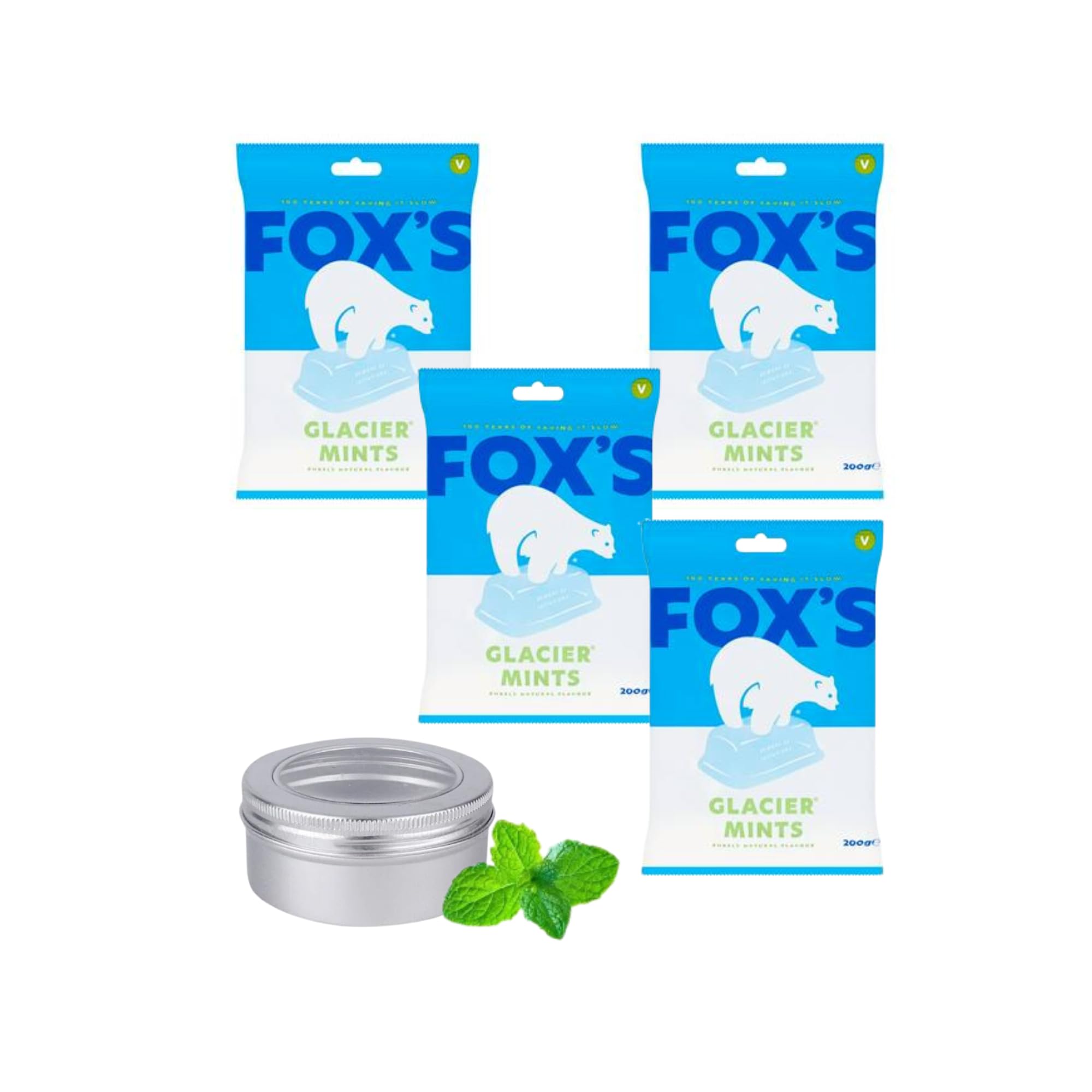 Foxes Glacier Mints x 4 Bags x 200g Bundle with TinTastic Refillable Silver Travel Tin