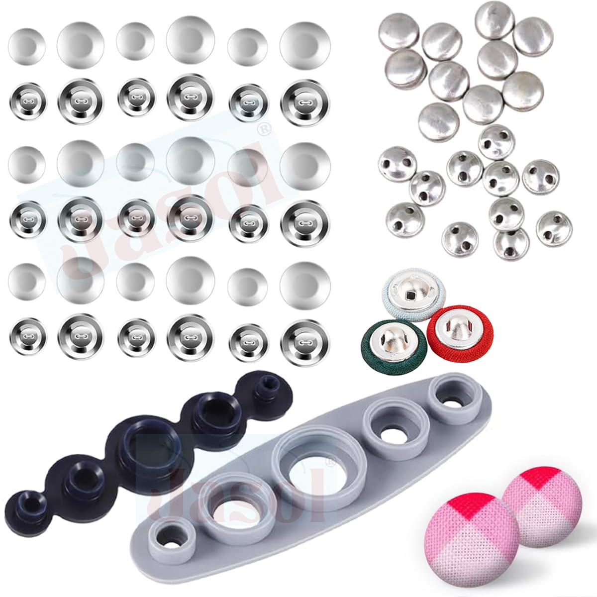 jasol metal fabric covered button maker kit with mold machine | 50 snap button blanks included | 2 mold sizes (15mm & 20mm) | upholstery buttons press tool for sewing, clothing, diy crafts