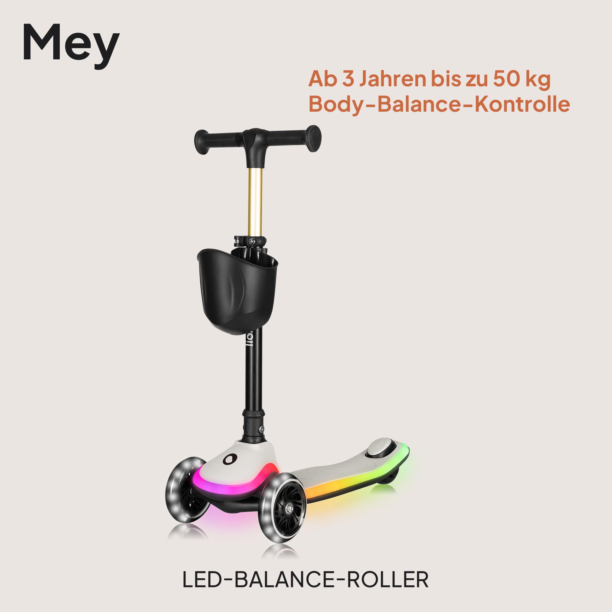 LIONELO MEY Kinder-Balance-Roller ab 3 Jahren bis 50 kg, dreirädriger Kinder-Roller mit Höhenverstellung, rutschfestes beleuchtetes Trittbrett und LED-Räder, Korb