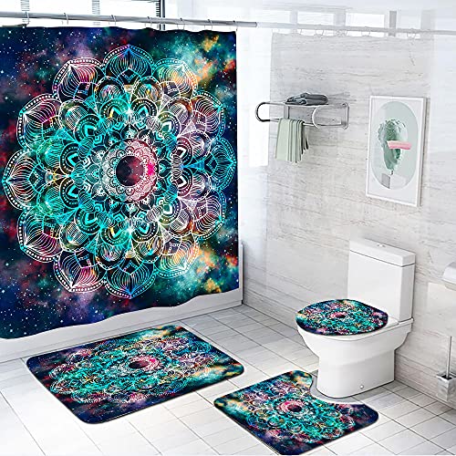 ZDDWLDL 4Pcs Duschvorhänge Set Mit Rutschfesten Teppichen,Toilettendeckel und Badematte Blaugrün-Rosa Sternenlicht…