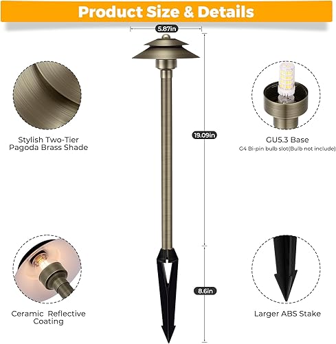 Miniatura 3 de Gardencoin Luces de camino de paisaje de latón macizo de bajo voltaje (6 pulgadas de sombra de 2 niveles, 19 pulgadas de alto), 12 V CACC LED de