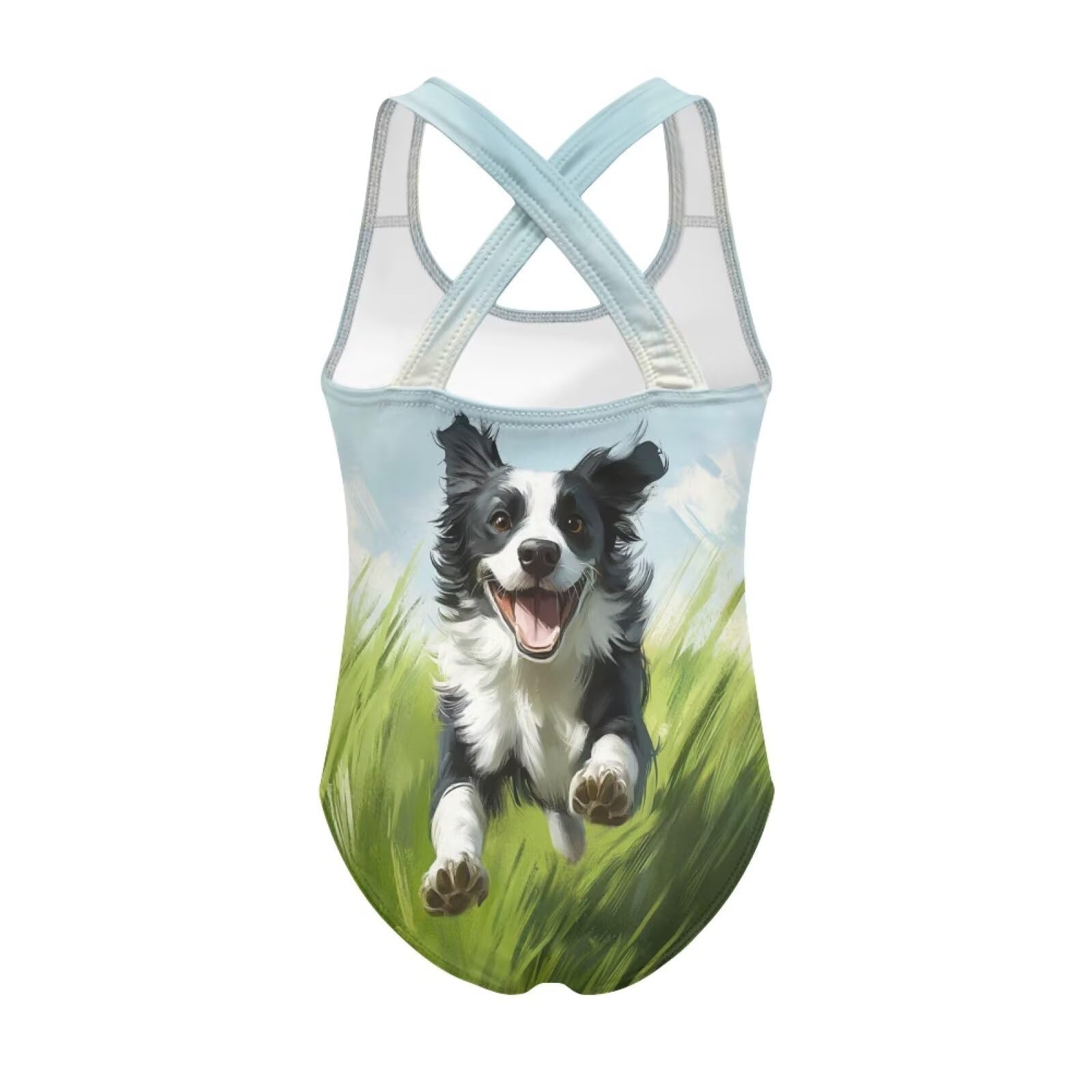 Frymappies Girls Border Collie Swimsuit 5T 6T One Piece Swimwear Kids Bathing Suit Little Girls Cross-Back Sleeveless Swimsuits Spaghetti Strap Bathing Suits Cute Scoop Neck Beach Bodysuits