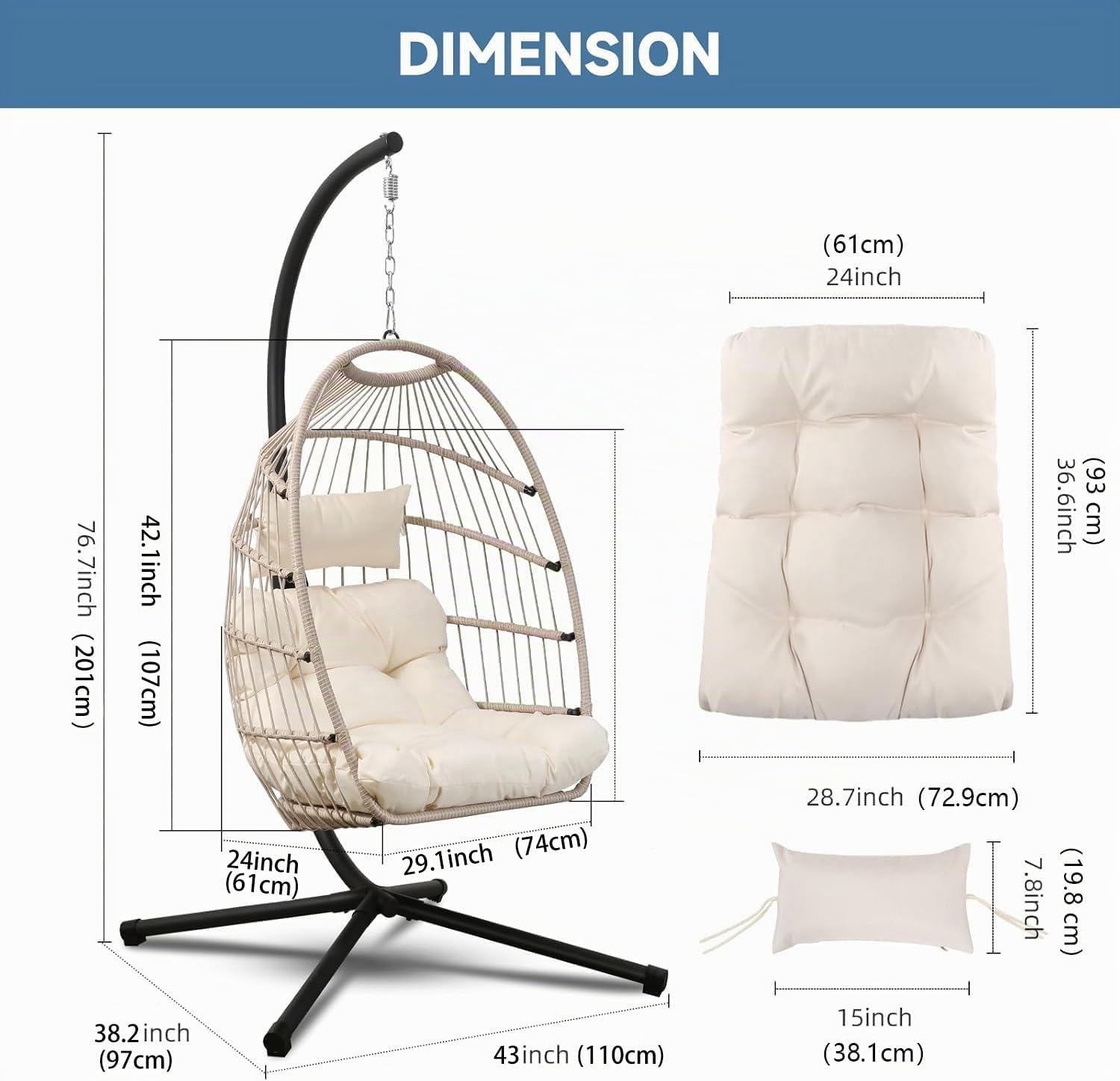 Goutime Chaise Suspendue en Forme d’œuf avec Structure de Support