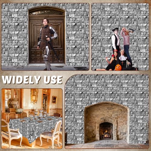 Image of party greeting Brick Stone Wall Tablecloth Roll Disposable Stone Wrapping Plastic Table Cover Castle Backdrop for Halloween Western Birthday Medieval Party Decoration Favors Supplies 300FT x 51 Inch