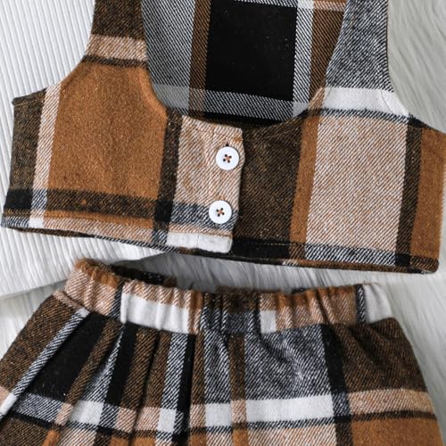 Image of Toddler Girls Christmas Outfits Girls Puff Sleeve Knit Ribbed Tops Button Down Vest Plaid Skirt Set Winter Clothes